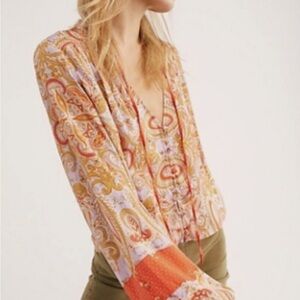 Free People XS Red Paisley Satin Cropped Blouse Long Sleeve Boho Chic